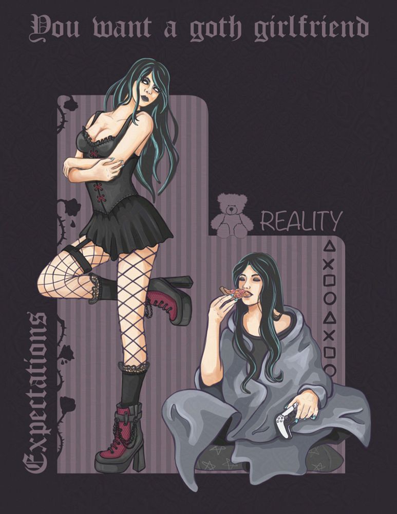 Goth gf meme. Left woman wearing fancy skirt and corset. Right woman is wrapped in a blanket and eating pizza 