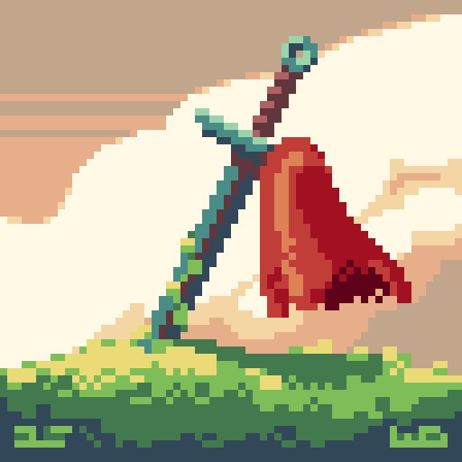 Pixel art of a sword on a grassy hill. A red piece of cloth blows in the wind while stuck on the sword's hilt. Billowing clouds loom in the distant sunset sky.