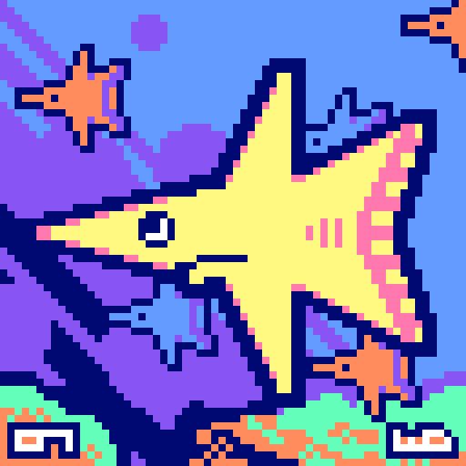 A small pixel art piece filled with many fish. These fish are shaped like stars, but are not starfish. They have a pointy face, large top and bottom fins, and big V-shaped tails. A Yellow one is up front, and blue and orange ones are in the back.