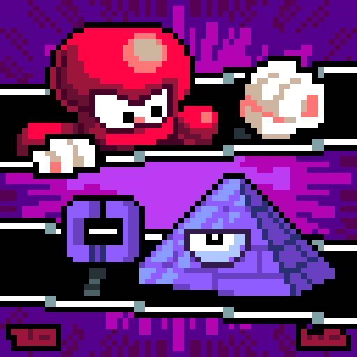 A sort of VS screen pixel art mockup. It depicts two robots: The round, red one on top seems quite heated, while the blue, pyramid-shaped one on the bottom looks on with determination.