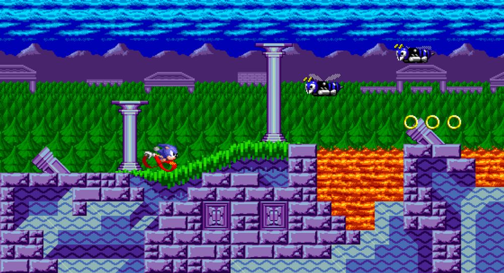 A wide pixel art view of Marble Zone from Sonic the Hedgehog, done in the style of Sonic CD. Rather than being made up entirely of bricks, the land is made of natural, patterned ground as well. Sonic is peeling out across this land. To his right and above him are two Buzz Bombers.