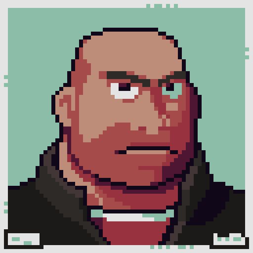 A small pixel redrawing of the Heavy Weapons Guy from Team Fortress 2. It appears like a shoulders-up photograph.