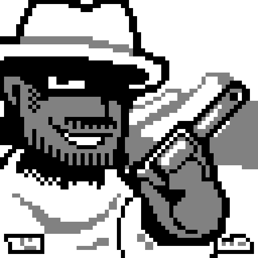 A black-and-white pixel art image of a cowboy. His face is cloaked in shadow, and he holds up a pistol while grinning.