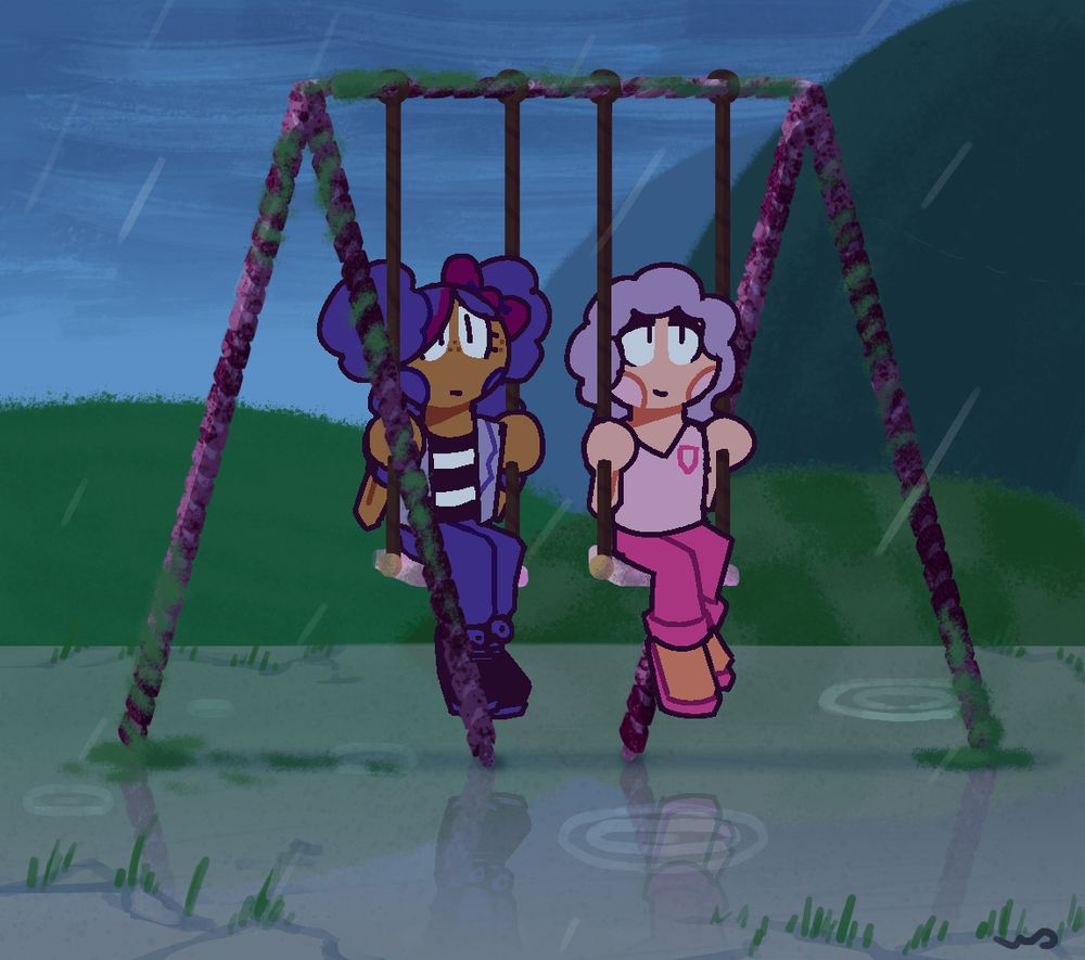 A painting of Storm E. Sky and Pillow Featherbed sitting on an abandoned swing set. The sky is cloudy, and it's raining lightly.