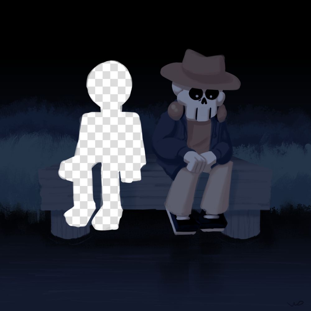A digital painting of two people sitting on a dock: On the right, myself; on the left, a blank silhouette covered in a transparency grid. The scene is tinged a dark blue-green.