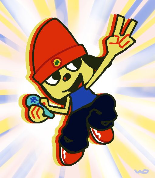 A drawing of Parappa the Rapper. He's jumping up and making a piece sign with his left hand, his microphone in his right.