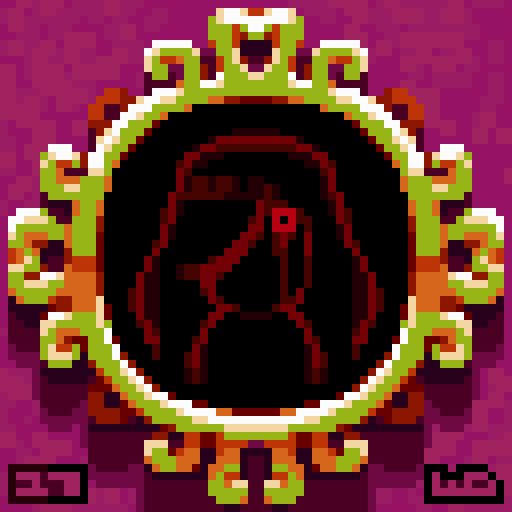 A pixel art piece of a girl looking into a fancy mirror. a tear streams down her one visible eye.