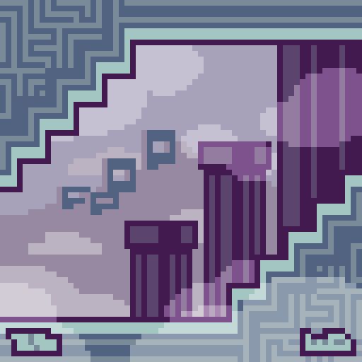 Pixel art of ancient ruins. An open view of mountaintops with more ruins lays in the background.