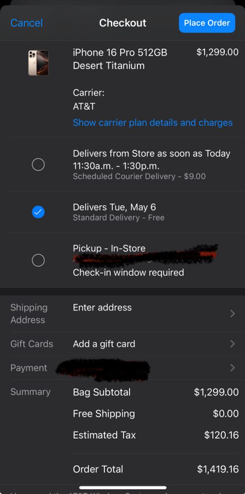 Apple checkout process buying an iPhone 16 pro with no tariffs added. 
