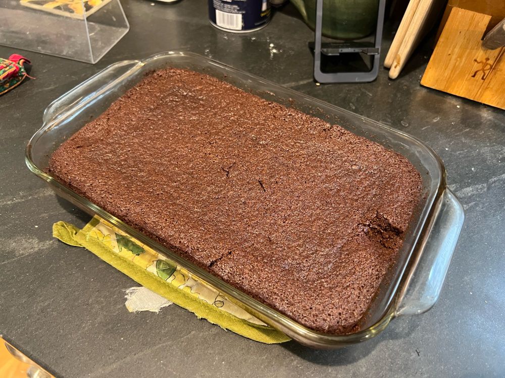 A photo of a freshly baked pan of old-colony gingerbread. 