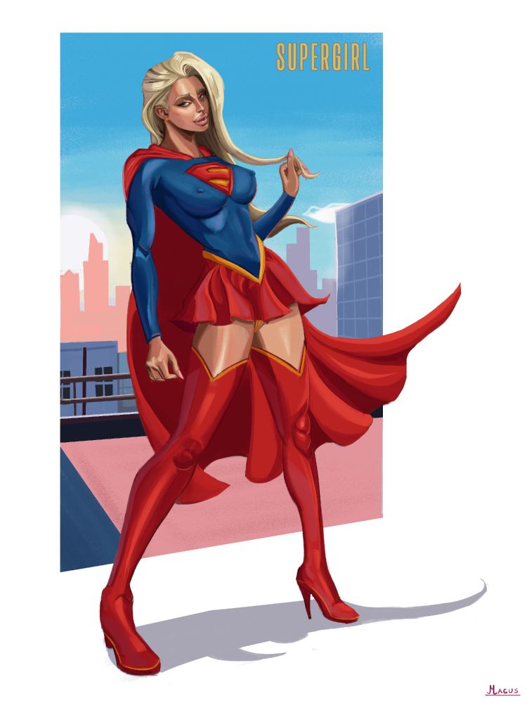 Supergirl poses in a version of her classic red, blue, and yellow superheroine outfit atop a rooftop painted in pink and blue hues. 