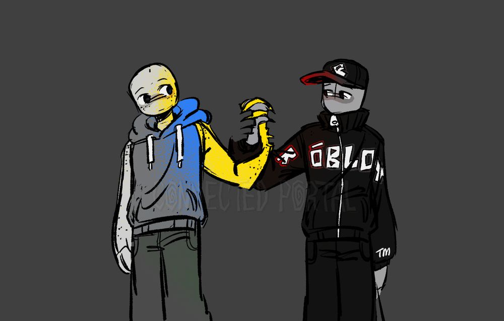 A drawing of a Roblox Noob and Guest in front of a grey background. They are facing the viewer and looking at each other with pensive faces. Their hands are intertwined and the point where their hands are held has the brightest colour, which gradually fades with distance.
Their hands are also being held together by someone else's hands through the negative space.