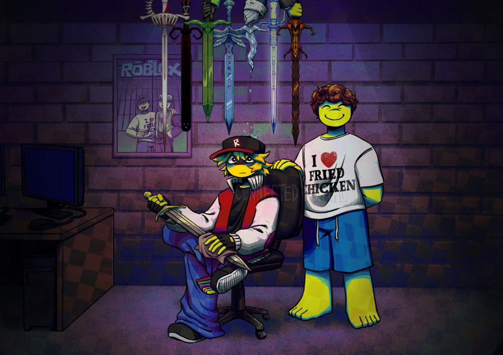 A digital illustration of two yellow characters in an office. One character is sat in an office chair wearing baggy jeans, a red and white varsity jacket, and a Roblox hat. They sit cross-legged polishing a sword, staring at the viewer, while seven fantastical swords are held up above them by disembodied hands or string. One of the swords is obscuring the face on a portrait hung on the wall of two individuals in front of the Roblox HQ building.
The other character is standing behind the office chair and smiling at the viewer with his eyes closed. He has short, brown, curly hair. He is wearing striped blue shorts and a baggy, white shirt with the text "I heart fried chicken".