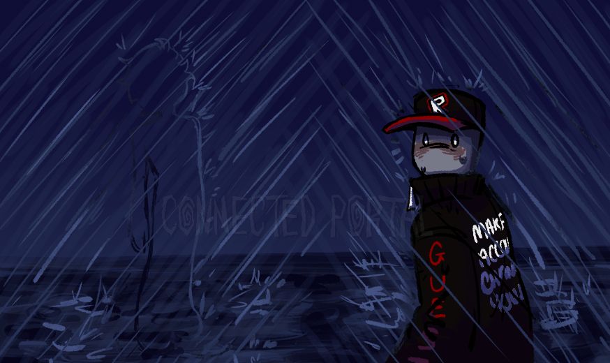 A drawing of a dark and rainy scene featuring a Roblox Noob staring through the rain in fear at a transparent figure who can be seen through the rain splashing off of their body.