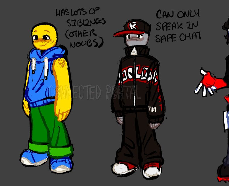 Sketch designs of a Roblox Noob and Guest.
The Noob is wearing a blue sleeveless hoodie, green trousers, and blue sneakers. They have freckles on their face and shoulders and have yellow skin.
The Guest is wearing a black and red outfit including a cap, jacket, trousers, and trainers. The cap and jacket has Roblox branding. The guest has grey skin.
There is a cut-off design on the right that shows a white hand wearing a fingerless red glove.