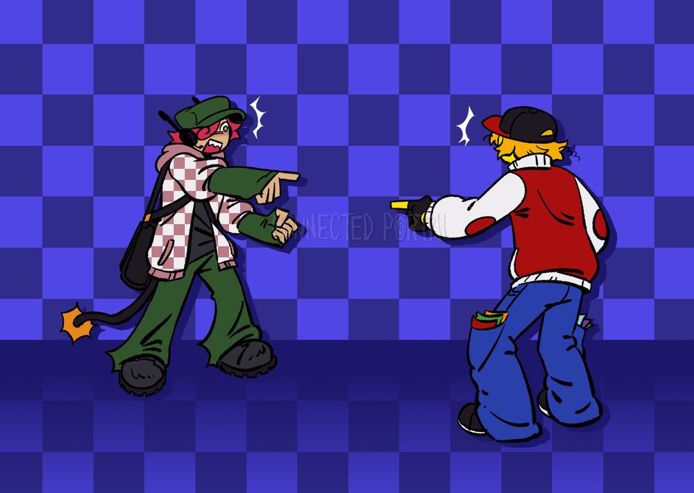 Two characters are drawn in front of a blue, checker background while pointing at each other in surprise.
The left character is holding up a peace sign and wearing a pink checker hoodie with a green outfit. They have a black satchel, anntenna, and a sparking wire tail.
The right character is yellow, wearing a red varsity jacket with a black and red hat, and blue baggy trousers. They have cards in their pockets and is holding a slingshot.