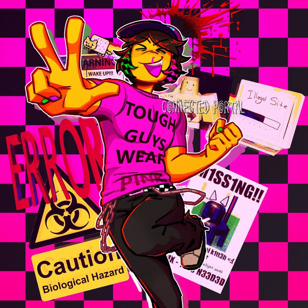 Fanart of Infected holding up a peace sign in front of an assortment of images, and a missing texture background.