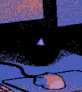A magic 8-ball in a 3D desk scene which is obscured by darkness.