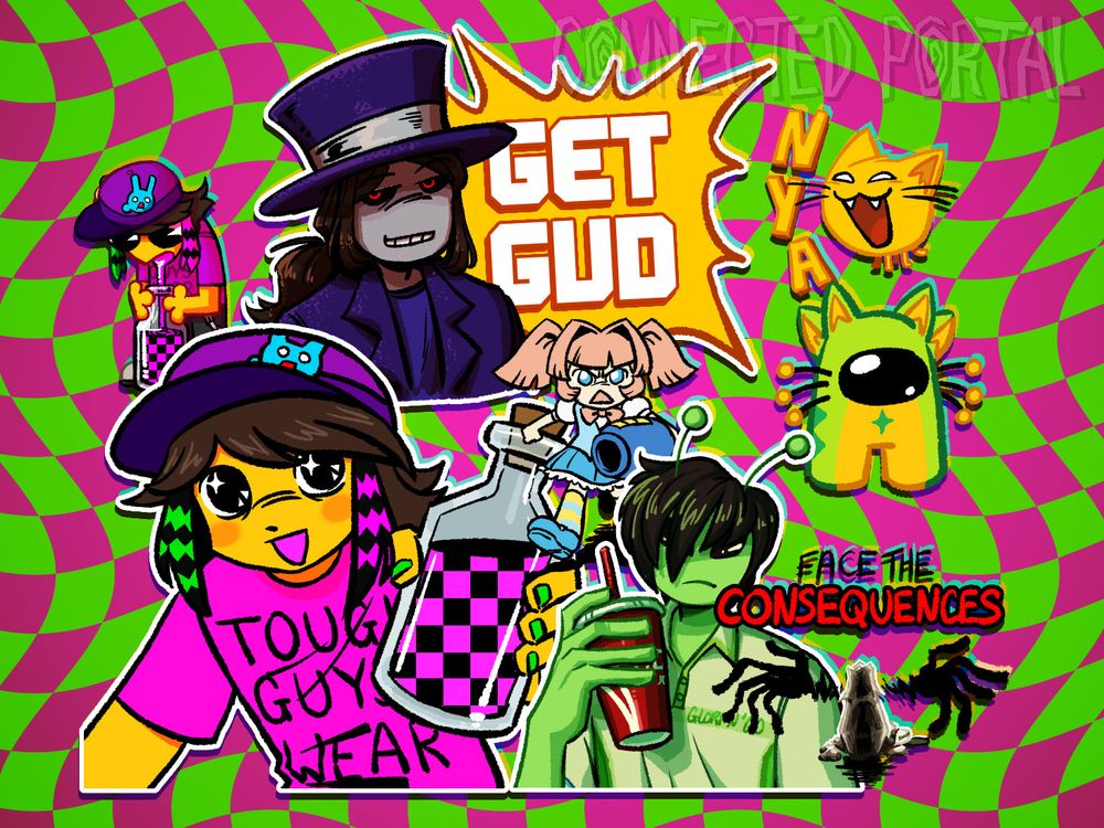 A collection of Regretevator stickers on a pink and green checker background.