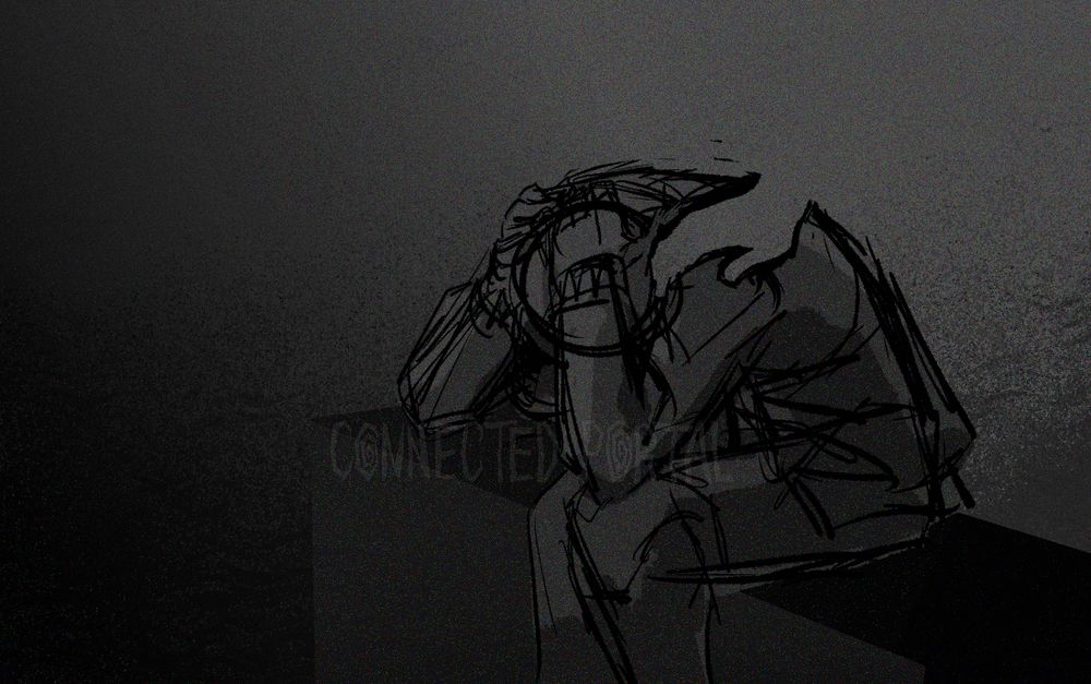 A monochrome sketch of a Roblox Guest hunched over and holding their head in emotional distress. The silhouette of a hand rendered in negative space rests on their shoulder.