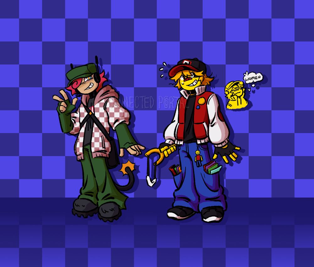 Two smiling characters are drawn in front of a blue, checker background.
The left character is holding up a peace sign and wearing a pink checker hoodie with a green outfit. They have a black satchel, anntenna, and a sparking wire tail.
The right character is yellow, wearing a red varsity jacket with a black and red hat, and blue baggy trousers. They have cards in their pockets and is holding a slingshot.