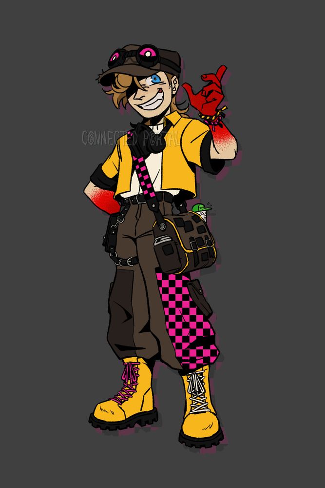 A grinning character standing in front of a grey background. They are wearing a cropped yellow jacket and boots, with a brown hat, trousers, and bag. Some pieces of clothing have a pink and black checker pattern. Their hands are stained red, and they have a gas mask hanging from their neck.