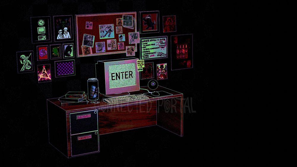 A stylized 3D render of a dark desk scene.