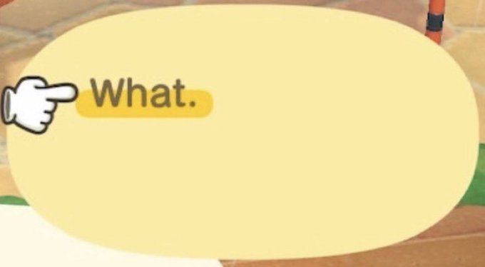 A dialog box from a video game, where a finger points to the only dialog choice: "What."