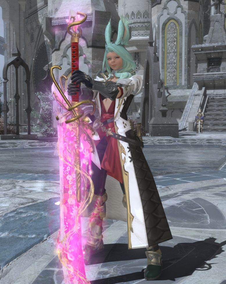 A strong unapproachable looking girl with long teal hair and teal bunny ears looks challengingly towards the camera. She stands tall, holding a massive pink sword bigger than her with its point dug into the ground. The sword has bright sakura flower patterns a pink glow, gold accents and a red wrapped handle. She wears dark armored gauntlets, a large open white coat with black panels on the side and gold trim. A red sash is tied along her waist under the coat, and black belts crisscross along her waist. She stands in a cold city square with light grey tiling and stone architecture surrounding her. 