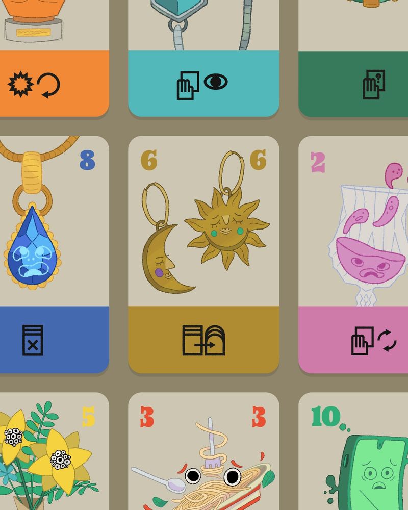 Playing cards numbered 2 to 10 with different drawings like earrings, necklaces and flowers and symbols on them.