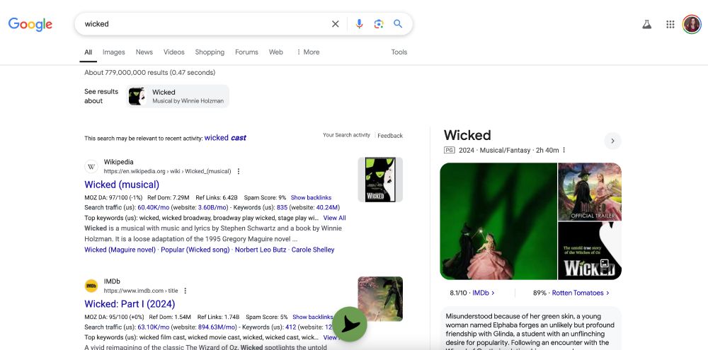 A screenshot of the search results page after searching "Wicked" on Friday, November 22nd. A green button with a black witch hat icon appears at the bottom of the screen. 