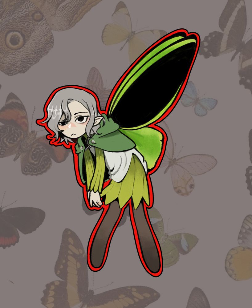 mithrun from dungeon meshi with butterfly wings as though someone is grabbing him by them. the backgrouns is a picture of butterflies with lowered opacity over a solid off-grey color