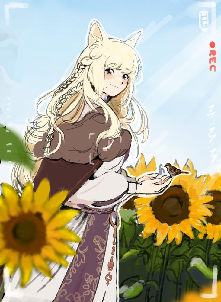 a blonde oc with long wavy hair stands in the middle of a sunflower field, there's some sort of eh... camera scribbles as if to signify someone's taking a picture of her. her arms are out and she's very gently holding a tiny sparrow on her fingertips. She smiles at the camera. She wears a long robe with some details in purple fabric and a long cape that's got fur on the top.