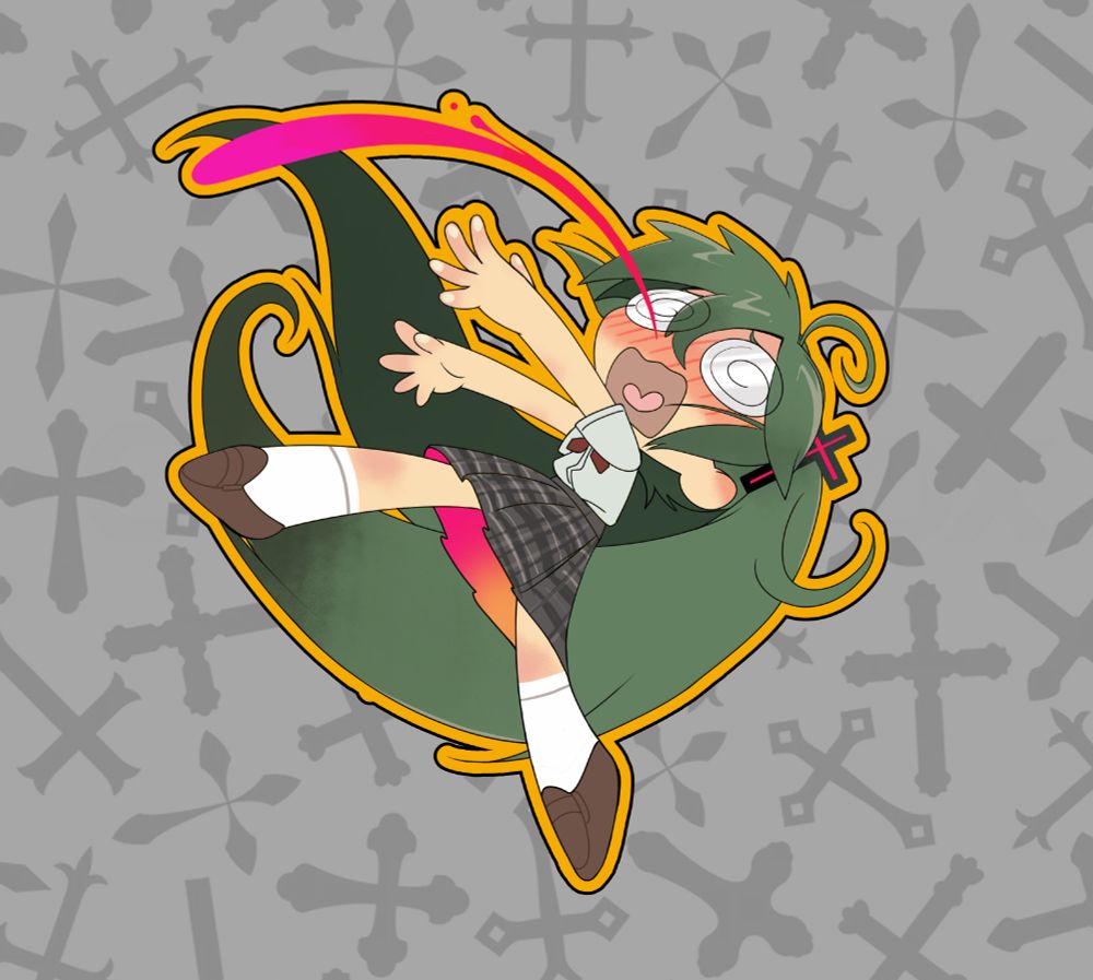 rotten girl miku having a nosebleed so potent it throws her entire body back. she's blushing and her arms are in the air. she's surrounded by a yellow rim i'm not totally sold on yet...
the background isn't mine! it's a picture off of google and it depicts grey crosses