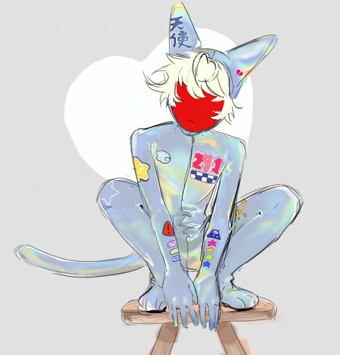 one of the author's sonas, he is on top of a stool, crushing, arms right in front of him. He's wearing a full bodysuit made from holographic fabric. His skin is bright red and his hair is milky white. On the suit there are some patches, an angel wing, a star, a warning sign, bandaids, an UFO, the numbers 291, the kanji for ANGEL on his right ear, the kanji for "aku" on his left thigh, a white star covering his right knee... the background is grey-ish with a big white heart right behind the character