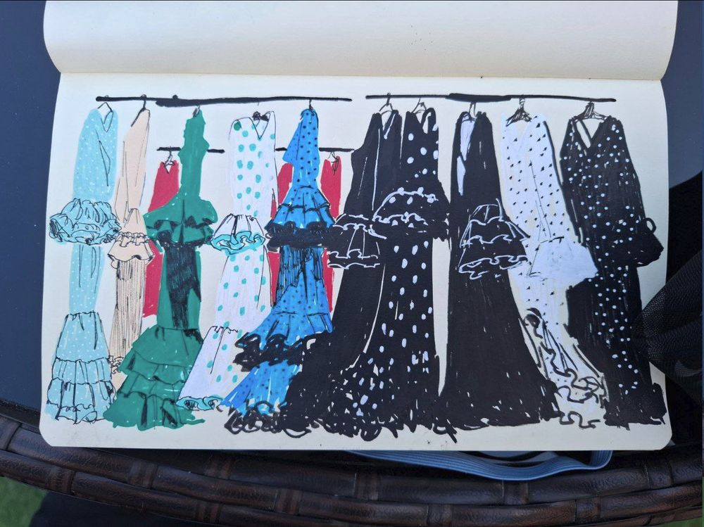 A study i did of some traditional flamenco dresses at a local shopping mall. some are black and white, some are blue, cream, green... some have polkadots... they're all hung on some black bars. you can see some in the background. I made it with acrylic markers