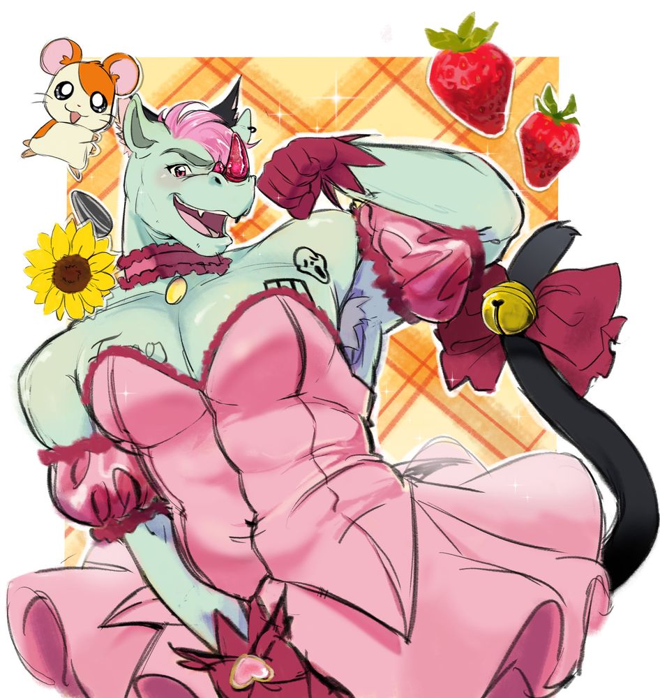 A green rhino fursona dressed in tokyo mewmew's main character's outfit, a pink dress with ruffles. he has a cat tail with a yellow bll and a red ribbon, and is making a cat-like pose, smiling at the camera. His horn is bright pink and shiny, he has some pink hair that matches the main character's own, and around him there are some little sticker-like decorations: some strawberries, hamtaro, a sunflower and a sunflower seed. the background is yellow