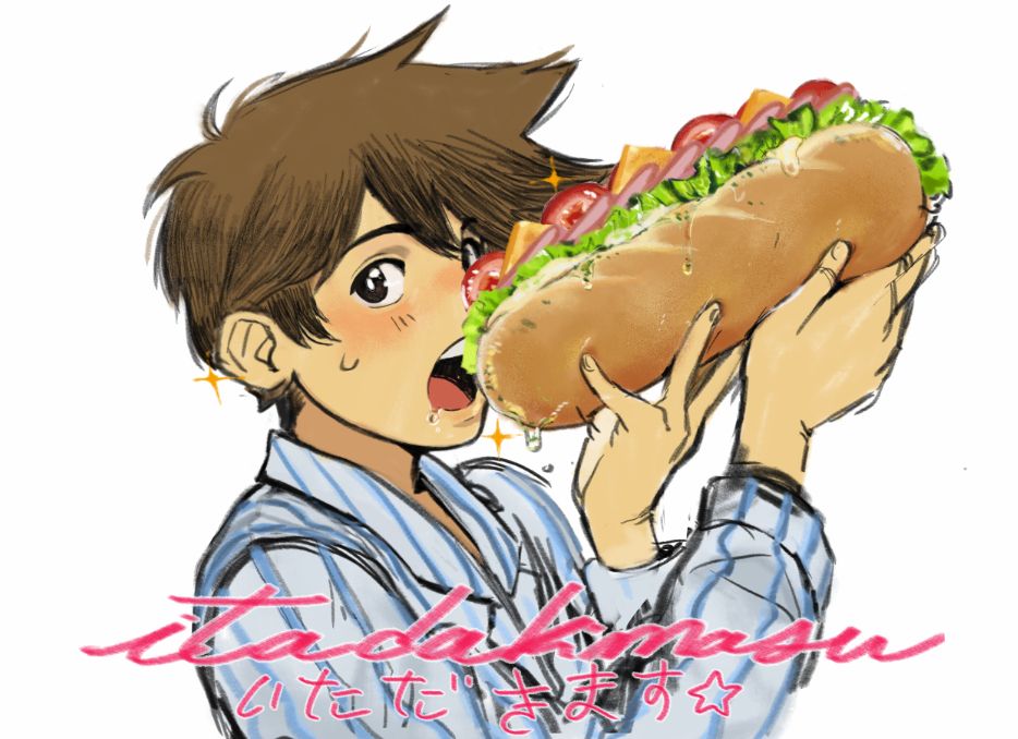 hero from omori eating a hero sandwich!!! it says "itadakimasu" in romanji and hiragana. this is his normal palette- the other is the dream version