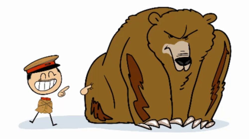 a cartoon of a man standing next to a large brown bear