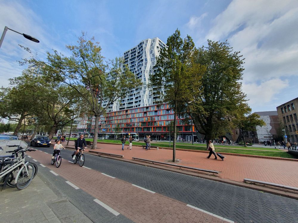 Blick in eine Straße in Rotterdam. Man sieht in der Mitte einen breiten rotgepflasterten Boulevard für Fußgänger sowie Grünflächen und Bäume. Rechts und links davon sind Straßen mit roten Fahrradstreifen. Ein Mann und ein Kind fahren nebeneinander Fahrrad. Auch Autos sind zu sehen sowie im Hintergrund ein buntes Hochhaus.