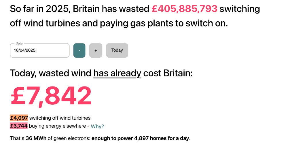 Screenshot of wastedwind.energy site showing Wasted wind (at 2025-04-18 2300ish) at £7842