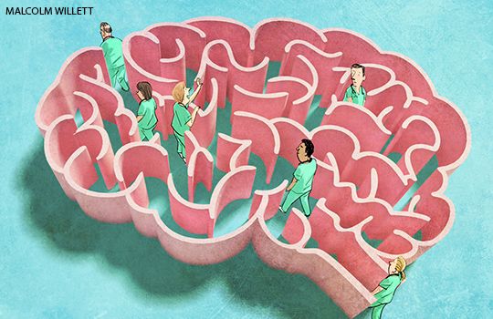 Doctors walking around a brain