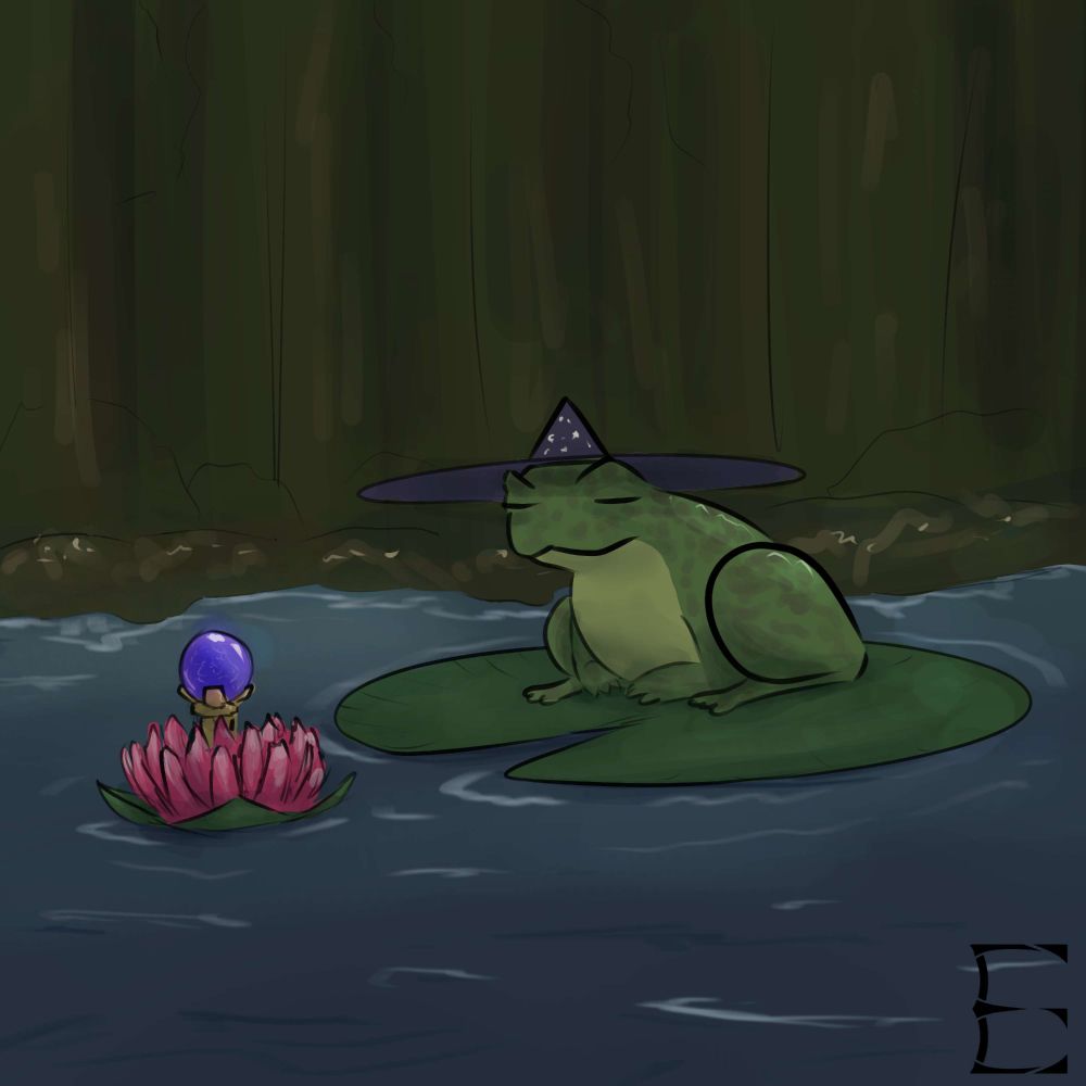 A toad on a lilypad with a wizard hat sitting in front of a pink lily flower with a crystal ball on it