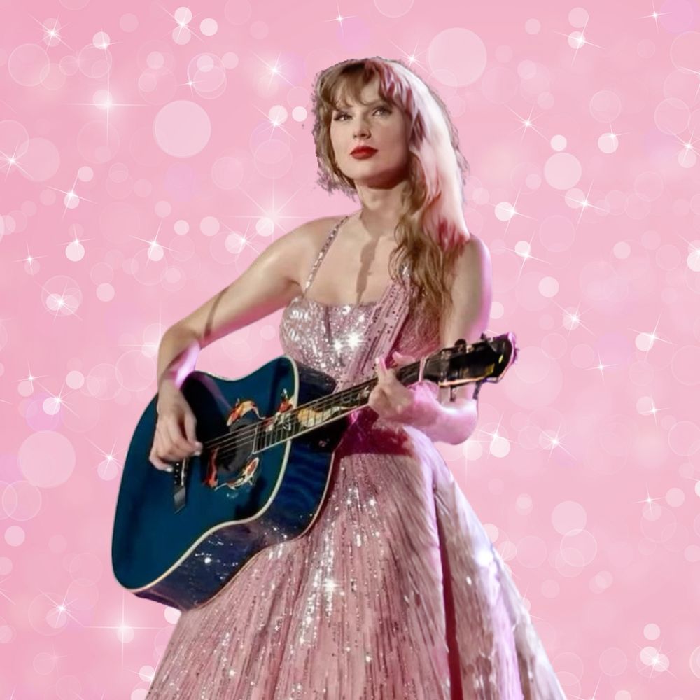 taylor swift eras tour pink sparkly dress on pink sparkly background with koi fish guitar