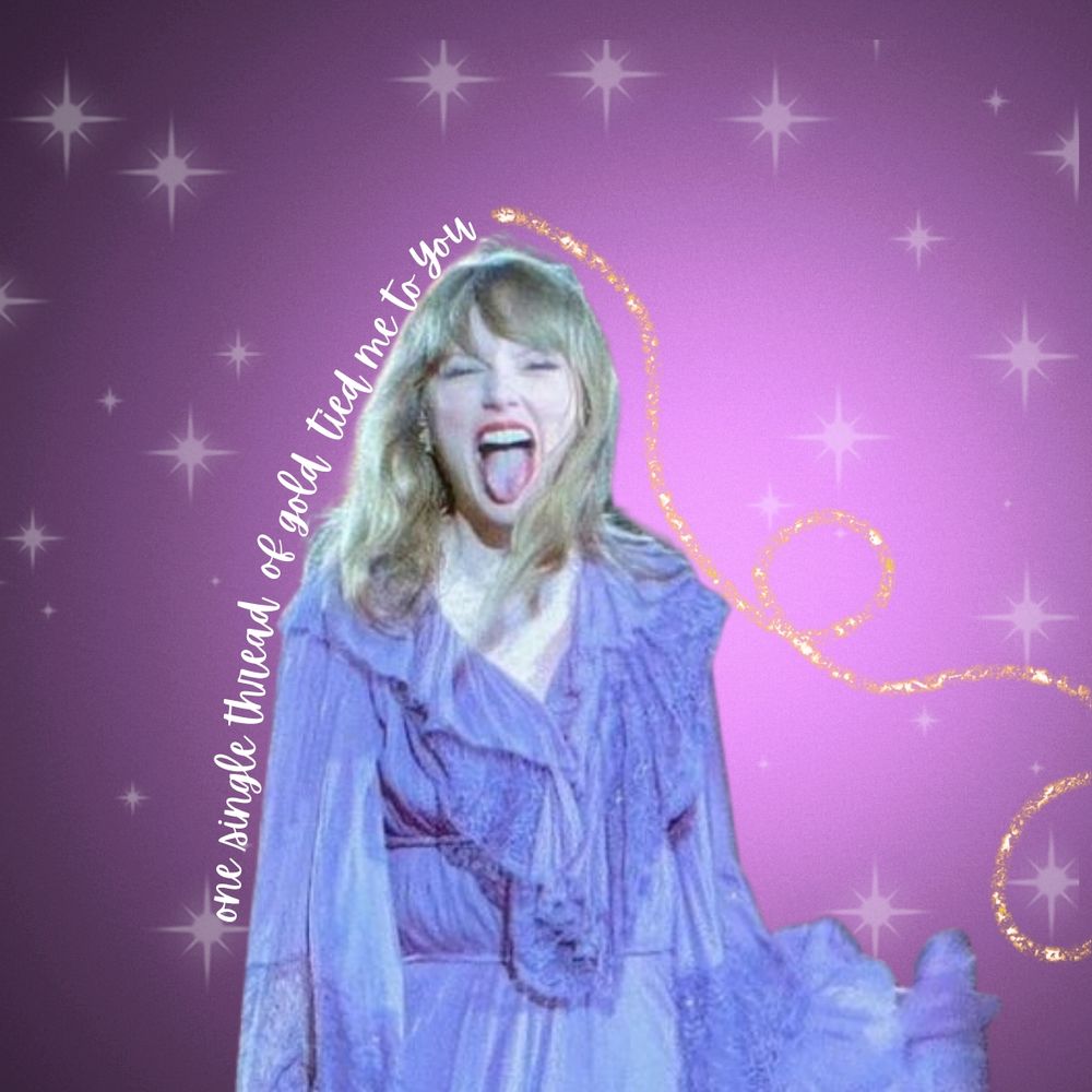 taylor swift eras tour purple folklore dress with sparkles on purple background with golden string and lyrics "one single thread of gold tied me to you"