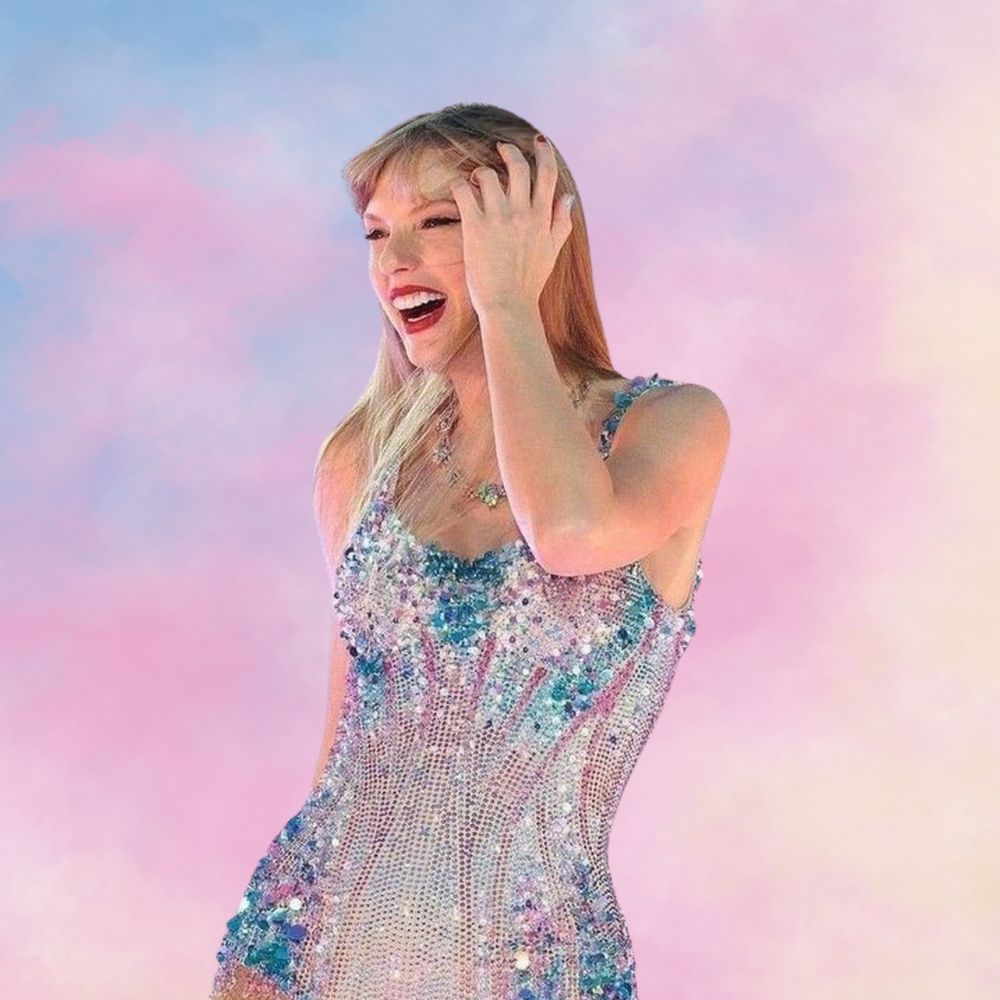 taylor swift eras tour pink and blue lover bodysuit on pastel clouds background 