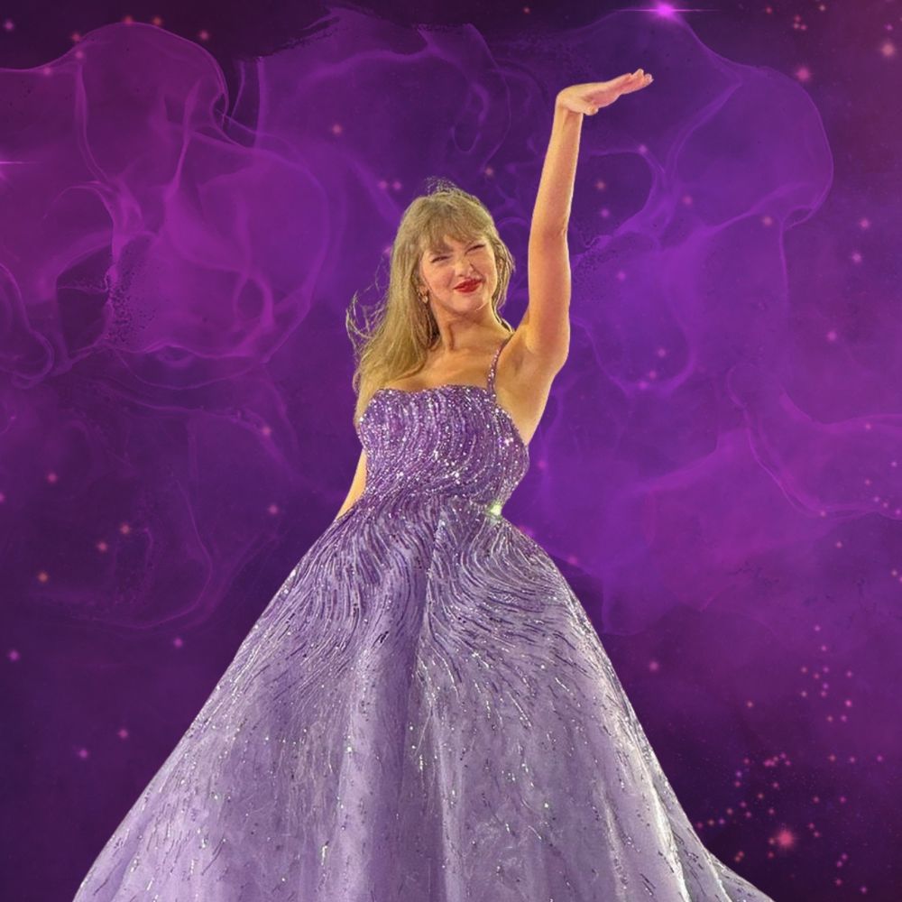 taylor swift eras tour purple wonderstruck dress on purple background 