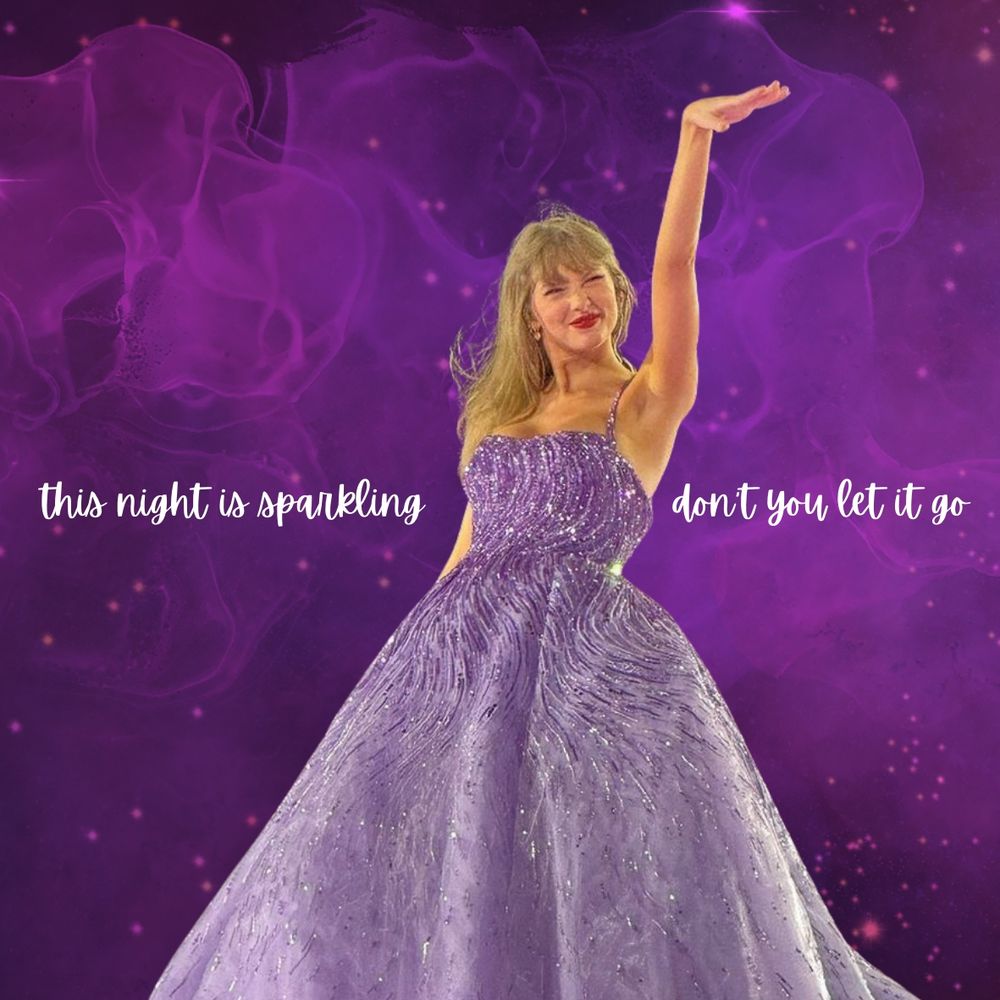 taylor swift eras tour purple wonderstruck dress on purple background with words "this night is sparkling don't you let it go"