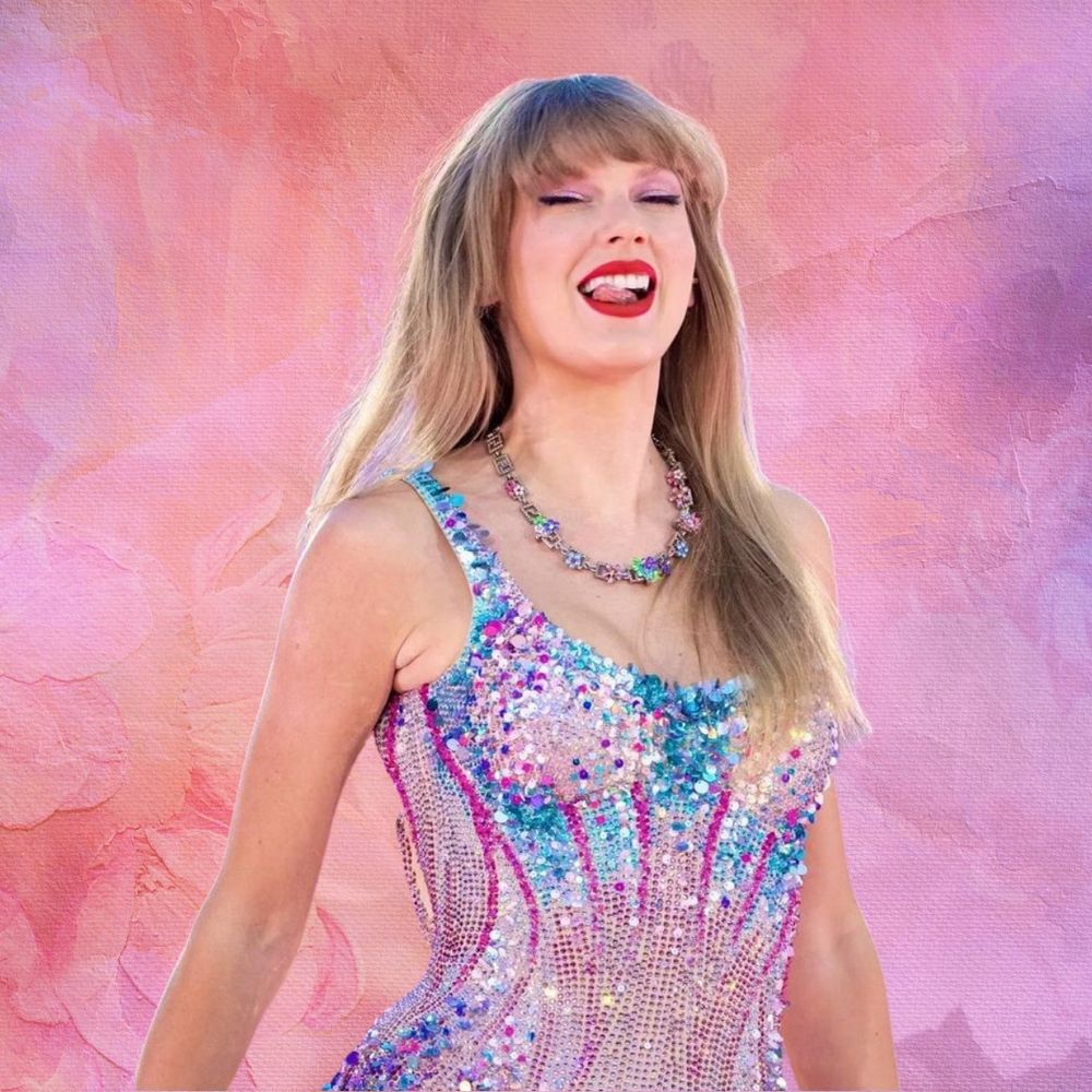 taylor swift eras tour pink and blue lover bodysuit on pink orange purple watercolor background 