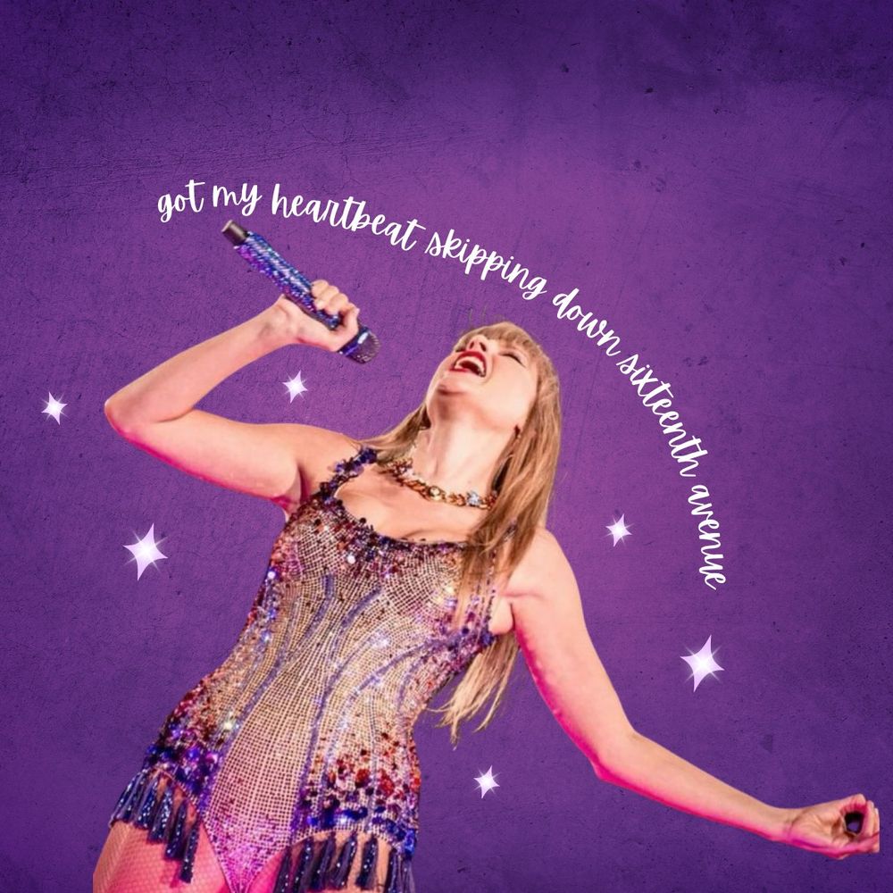 taylor swift eras tour purple lover bodysuit with sparkles on purple background with the lyrics "got my heartbeat skipping down sixteenth avenue"